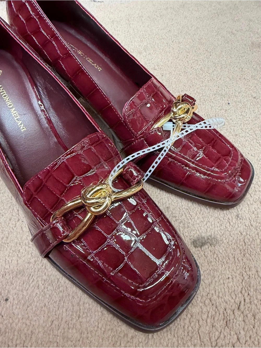 ANTONIO MELANI Burgundy Croc-Embossed Block Heel Loafers with Gold Bit